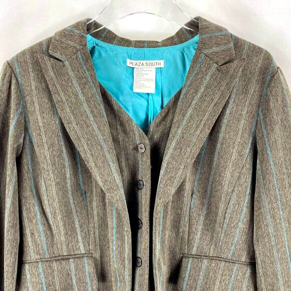 PLAZA SOUTH Vintage 90s Pinstripe Brown Blue Blazer Suit Jacket - Picture 3 of 8